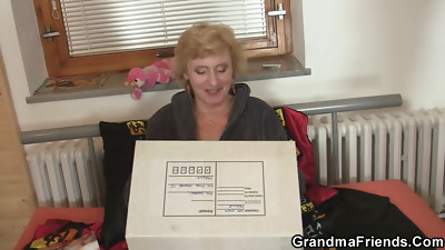 Delivery men share old blonde mature woman